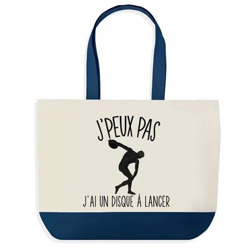 Sac shopping fond bleu J'peux pas Lancer Du Disque Cadeau Anniversaire Noël | Design Graphique Grand Sac Courses Cabas