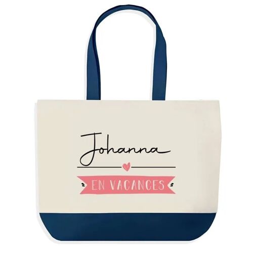 Sac shopping fond bleu Johanna en Vacances Cadeau Anniversaire Noël | Design Graphique Grand Sac Courses Cabas