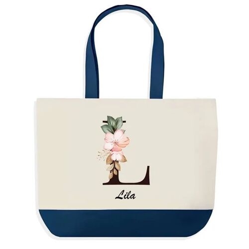 Sac shopping fond bleu Lila Lettre Fleur Cadeau Anniversaire Noël | Design Graphique Grand Sac Courses Cabas