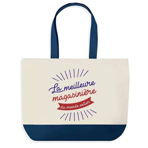 Sac shopping fond bleu Magasinière Meilleure du Monde Cadeau Anniversaire Noël | Design Graphique Grand Sac Courses Cabas