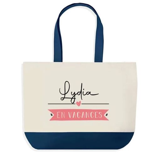 Sac shopping fond bleu Lydia en Vacances Cadeau Anniversaire Noël | Design Graphique Grand Sac Courses Cabas