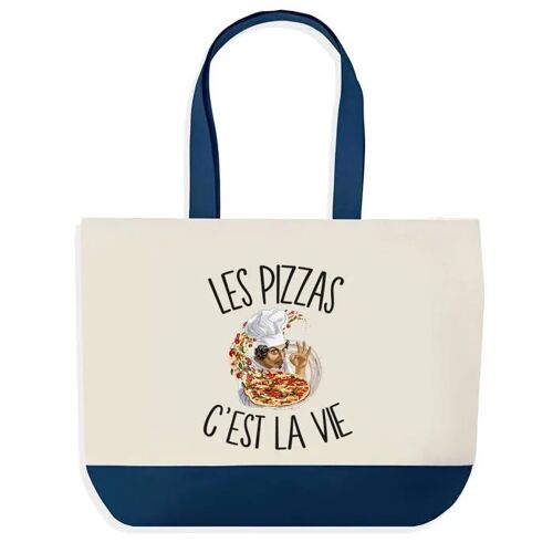 Sac shopping fond bleu Pizza c'est la Vie Cadeau Anniversaire Noël | Design Graphique Grand Sac Courses Cabas