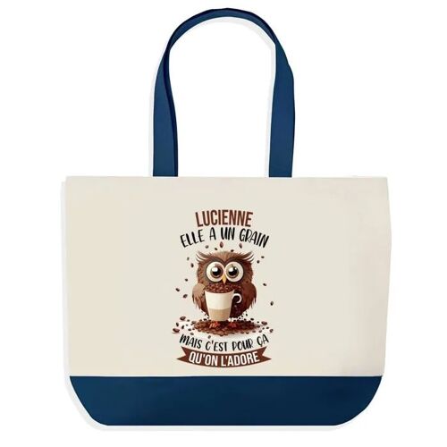 Sac shopping fond bleu Lucienne Chouette Grain Cadeau Anniversaire Noël | Design Graphique Grand Sac Courses Cabas