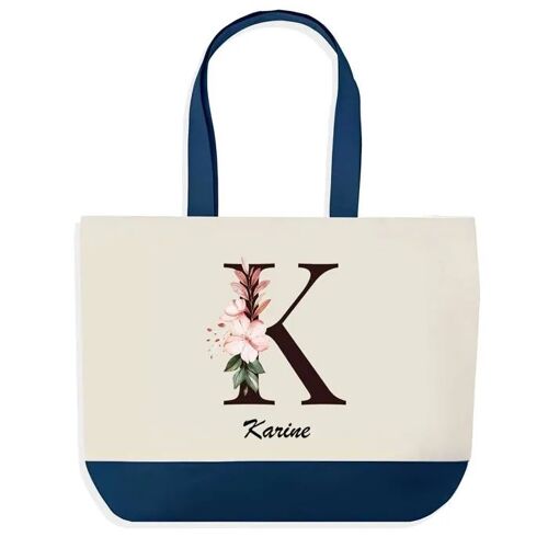 Sac shopping fond bleu Karine Lettre Fleur Cadeau Anniversaire Noël | Design Graphique Grand Sac Courses Cabas