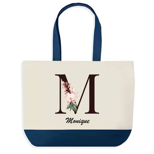 Sac shopping fond bleu Monique Lettre Fleur Cadeau Anniversaire Noël | Design Graphique Grand Sac Courses Cabas