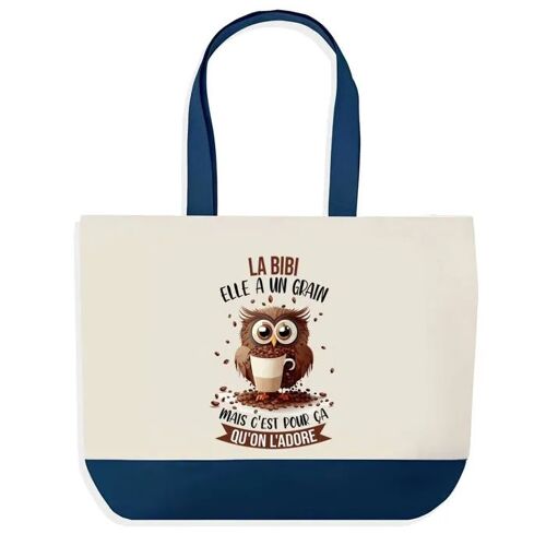 Sac shopping fond bleu Bibi Chouette Grain Cadeau Anniversaire Noël | Design Graphique Grand Sac Courses Cabas