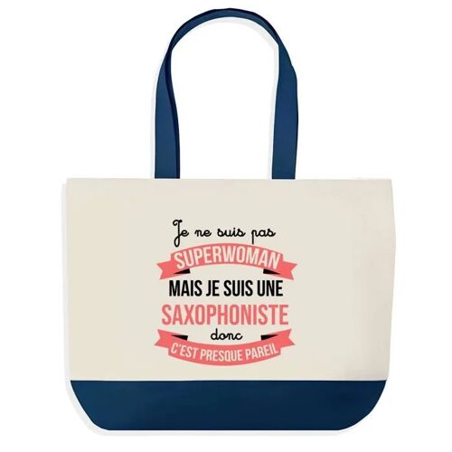 Sac shopping fond bleu Saxophoniste Superwoman Cadeau Anniversaire Noël | Design Graphique Grand Sac Courses Cabas
