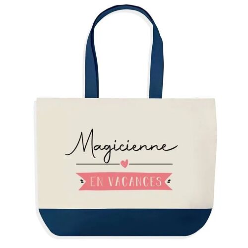Sac shopping fond bleu Magicienne en Vacances Cadeau Anniversaire Noël | Design Graphique Grand Sac Courses Cabas