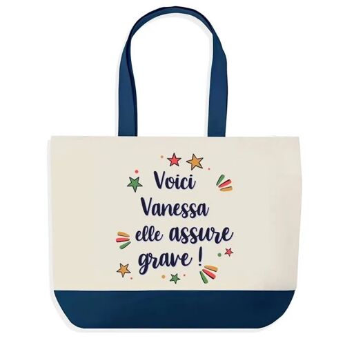 Sac shopping fond bleu Vanessa elle assure grave Cadeau Anniversaire Noël | Design Graphique Grand Sac Courses Cabas