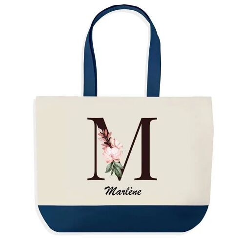 Sac shopping fond bleu Marlène Lettre Fleur Cadeau Anniversaire Noël | Design Graphique Grand Sac Courses Cabas