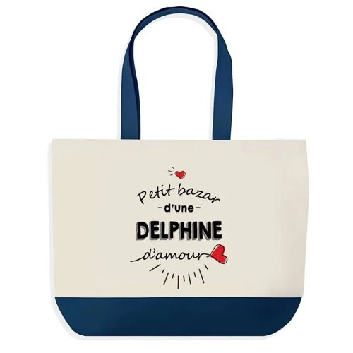Sac shopping fond bleu Bazar d'une Delphine d'amour Cadeau Anniversaire Noël | Design Graphique Grand Sac Courses Cabas