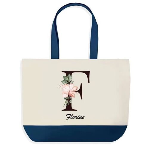 Sac shopping fond bleu Florine Lettre Fleur Cadeau Anniversaire Noël | Design Graphique Grand Sac Courses Cabas