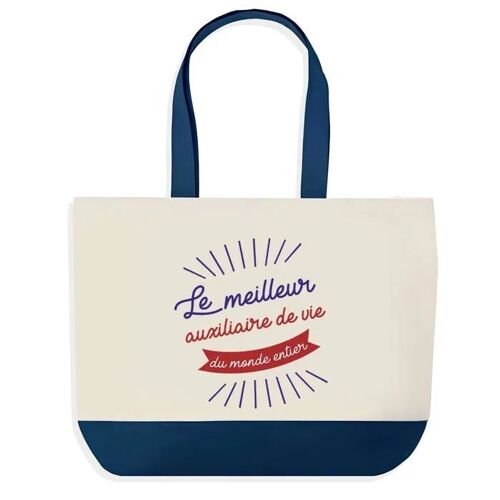 Sac shopping fond bleu Auxiliaire de Vie Meilleur du Monde Cadeau Anniversaire Noël | Design Graphique Grand Sac Courses Cabas