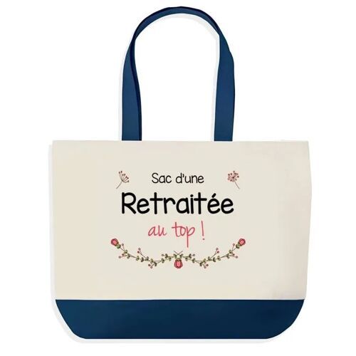 Sac shopping fond bleu Retraitée au Top Cadeau Anniversaire Noël | Design Graphique Grand Sac Courses Cabas