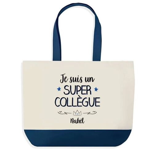 Sac shopping fond bleu Nahël Super Collègue Départ Cadeau Anniversaire Noël | Design Graphique Grand Sac Courses Cabas