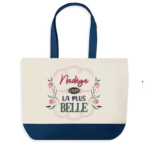 Sac shopping fond bleu Nadège la plus belle Cadeau Anniversaire Noël | Design Graphique Grand Sac Courses Cabas