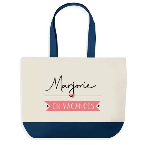 Sac shopping fond bleu Marjorie en Vacances Cadeau Anniversaire Noël | Design Graphique Grand Sac Courses Cabas