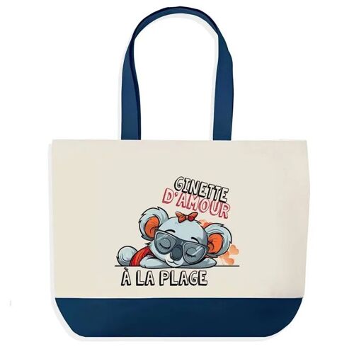 Sac shopping fond bleu Ginette Koala à la Plage Cadeau Anniversaire Noël | Design Graphique Grand Sac Courses Cabas