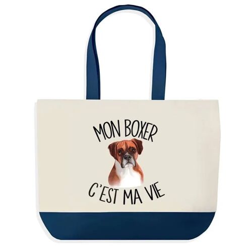 Sac shopping fond bleu Boxer c'est la Vie Cadeau Anniversaire Noël | Design Graphique Grand Sac Courses Cabas