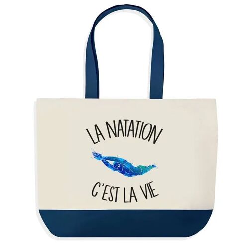 Sac shopping fond bleu Natation c'est la Vie Cadeau Anniversaire Noël | Design Graphique Grand Sac Courses Cabas