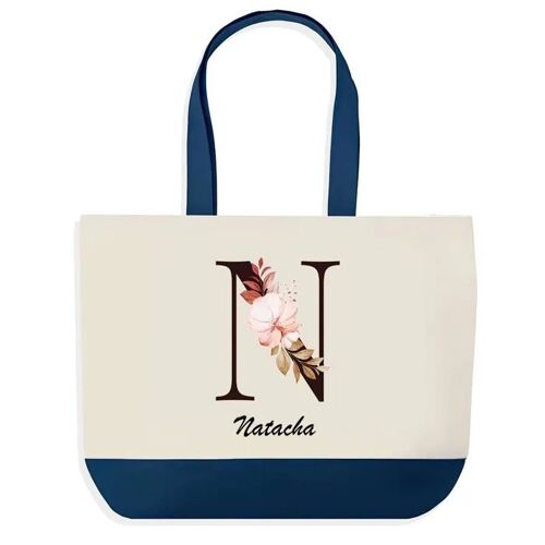 Sac shopping fond bleu Natacha Lettre Fleur Cadeau Anniversaire Noël | Design Graphique Grand Sac Courses Cabas