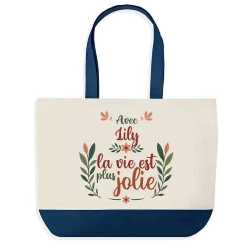 Sac shopping fond bleu Lily la vie est plus jolie Cadeau Anniversaire Noël | Design Graphique Grand Sac Courses Cabas