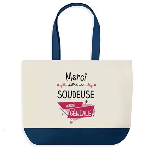 Sac shopping fond bleu Merci Soudeuse Géniale Cadeau Anniversaire Noël | Design Graphique Grand Sac Courses Cabas