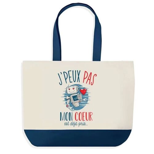 Sac shopping fond bleu J'peux pas Couple Robot Mignon Coeur Déjà Pris Cadeau Anniversaire Noël | Grand Sac Courses Cabas