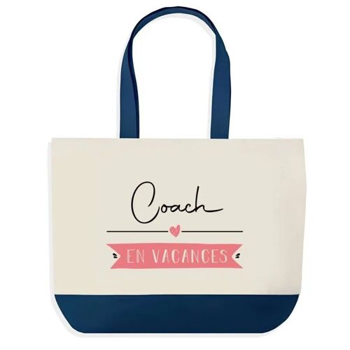 Sac shopping fond bleu Coach en Vacances Collègue Départ Cadeau Anniversaire Noël | Design Graphique Grand Sac Courses Cabas