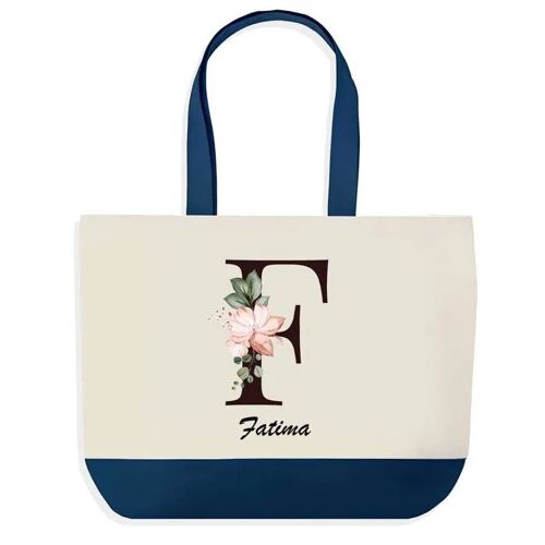 Sac shopping fond bleu Fatima Lettre Fleur Cadeau Anniversaire Noël | Design Graphique Grand Sac Courses Cabas