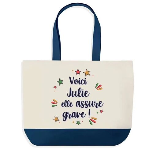 Sac shopping fond bleu Julie elle assure grave Cadeau Anniversaire Noël | Design Graphique Grand Sac Courses Cabas