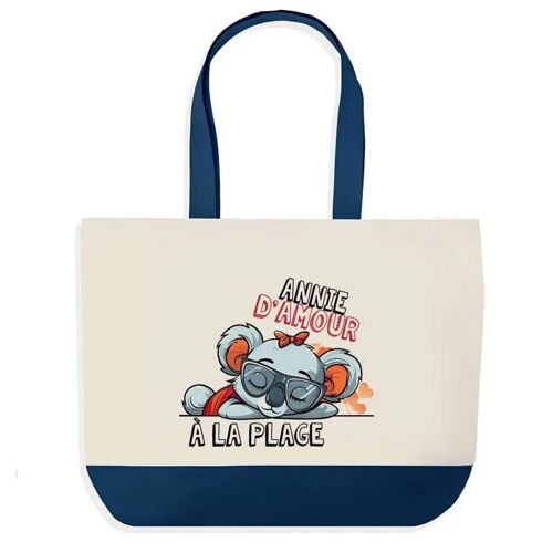 Sac shopping fond bleu Annie Koala à la Plage Cadeau Anniversaire Noël | Design Graphique Grand Sac Courses Cabas