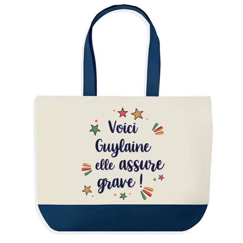Sac shopping fond bleu Guylaine elle assure grave Cadeau Anniversaire Noël | Design Graphique Grand Sac Courses Cabas