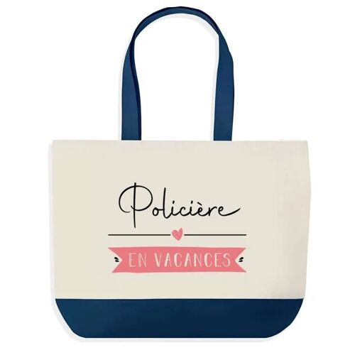 Sac shopping fond bleu Policière en Vacances Collègue Départ Cadeau Anniversaire Noël | Design Graphique Grand Sac Courses Cabas
