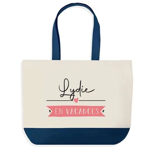 Sac shopping fond bleu Lydie en Vacances Cadeau Anniversaire Noël | Design Graphique Grand Sac Courses Cabas
