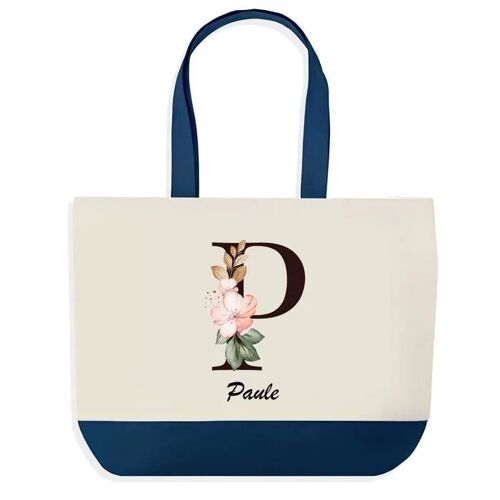 Sac shopping fond bleu Paule Lettre Fleur Cadeau Anniversaire Noël | Design Graphique Grand Sac Courses Cabas