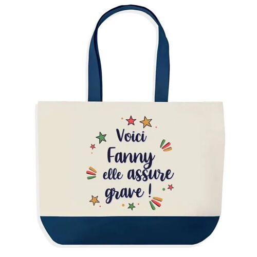 Sac shopping fond bleu Fanny elle assure grave Cadeau Anniversaire Noël | Design Graphique Grand Sac Courses Cabas