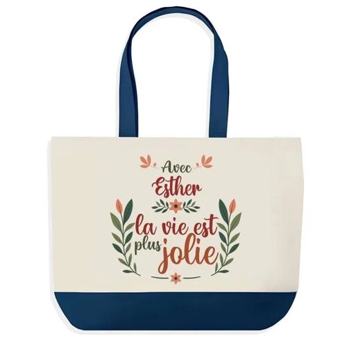 Sac shopping fond bleu Esther la vie est plus jolie Cadeau Anniversaire Noël | Design Graphique Grand Sac Courses Cabas