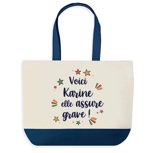 Sac shopping fond bleu Karine elle assure grave Cadeau Anniversaire Noël | Design Graphique Grand Sac Courses Cabas