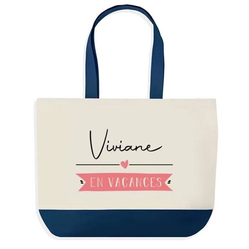 Sac shopping fond bleu Viviane en Vacances Cadeau Anniversaire Noël | Design Graphique Grand Sac Courses Cabas
