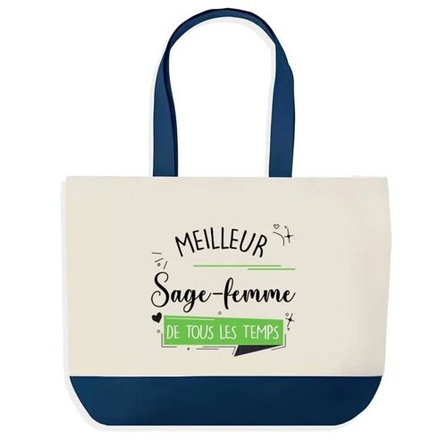 Sac shopping fond bleu Meilleur Sage-Femme de tous les temps Épouse Saint-Valentin Collègue Départ Cadeau | Grand Sac Courses Cabas