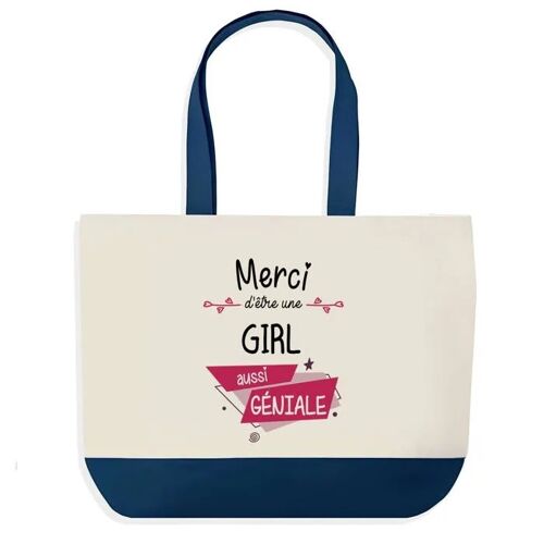 Sac shopping fond bleu Merci Girl Géniale Cadeau Anniversaire Noël | Design Graphique Grand Sac Courses Cabas