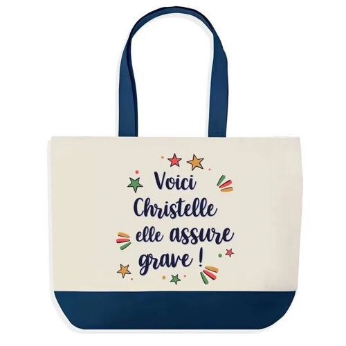 Sac shopping fond bleu Christelle elle assure grave Cadeau Anniversaire Noël | Design Graphique Grand Sac Courses Cabas