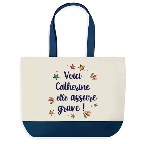 Sac shopping fond bleu Catherine elle assure grave Cadeau Anniversaire Noël | Design Graphique Grand Sac Courses Cabas