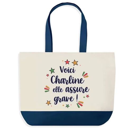 Sac shopping fond bleu Charline elle assure grave Cadeau Anniversaire Noël | Design Graphique Grand Sac Courses Cabas