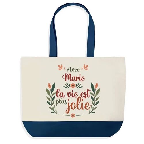 Sac shopping fond bleu Marie la vie est plus jolie Cadeau Anniversaire Noël | Design Graphique Grand Sac Courses Cabas