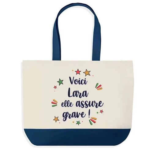 Sac shopping fond bleu Lara elle assure grave Cadeau Anniversaire Noël | Design Graphique Grand Sac Courses Cabas