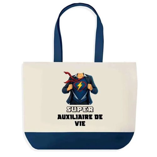 Sac shopping fond bleu Super Auxiliaire De Vie Femme Épouse Saint-Valentin Cadeau Anniversaire Noël | Grand Sac Courses Cabas