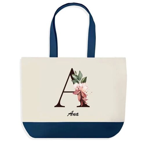 Sac shopping fond bleu Ana Lettre Fleur Cadeau Anniversaire Noël | Design Graphique Grand Sac Courses Cabas