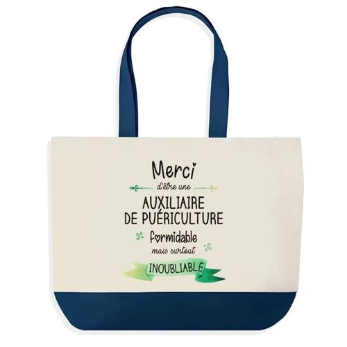 Sac shopping fond bleu Merci Auxiliaire de Puériculture Inoubliable Femme Épouse Saint-Valentin Cadeau | Grand Sac Courses Cabas